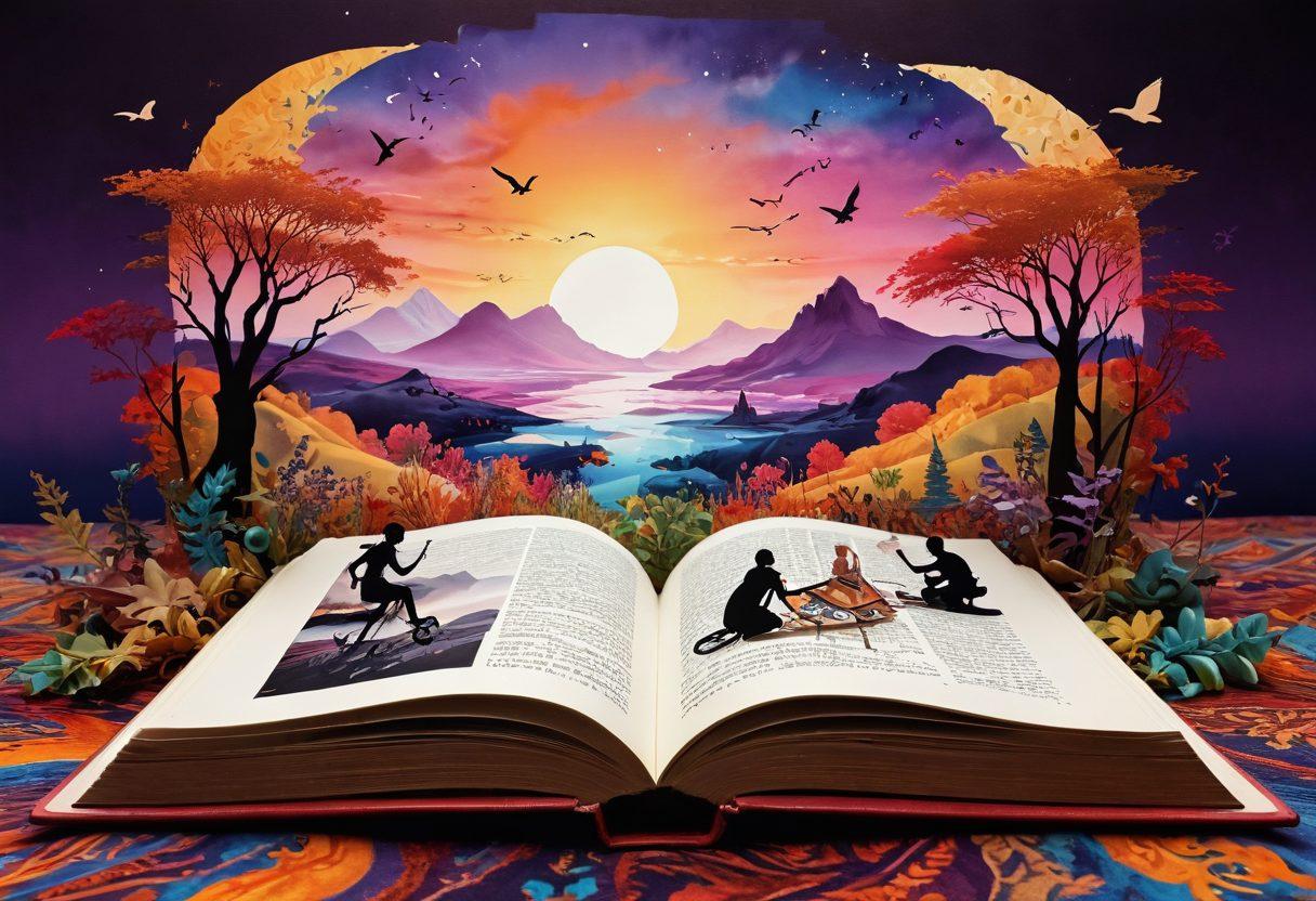 An open book with pages fluttering, revealing scenes of diverse artistic representations of erotic content, accented by silhouettes of people in playful poses. The background is a rich tapestry of soft, warm colors merging into a dreamlike landscape. Incorporate symbols of curiosity and exploration, like a compass and a magnifying glass subtly integrated into the book's design. super-realistic. vibrant colors. dreamy atmosphere.